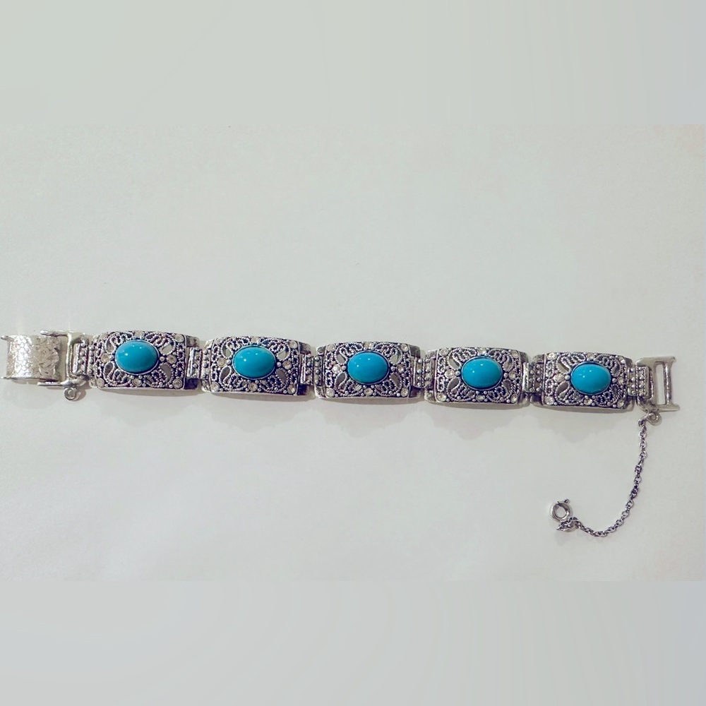 Vintage Silver Tone & Turquoise Southwestern Link Bracelet- New Old Stock